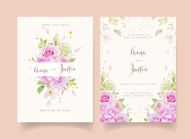 Wedding invitation with watercolor pink roses and hydrangea flower