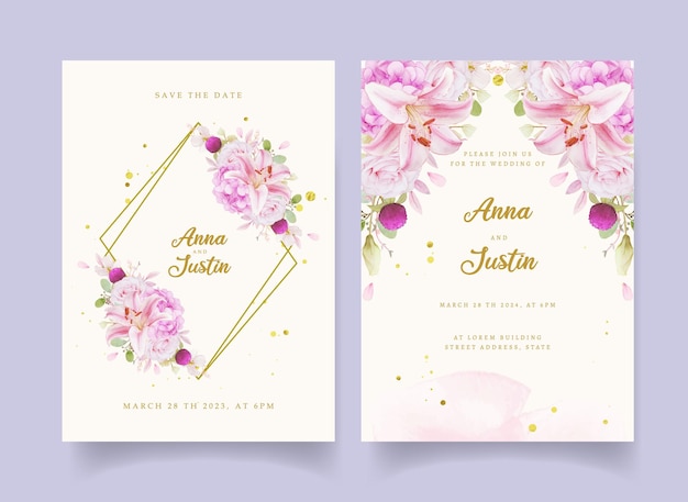 Wedding invitation with watercolor pink roses  hydrangea  and lily