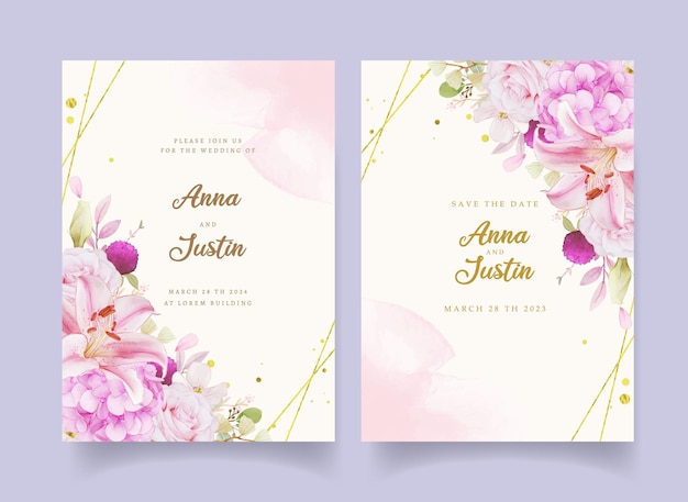 Wedding invitation with watercolor pink roses  hydrangea  and lily