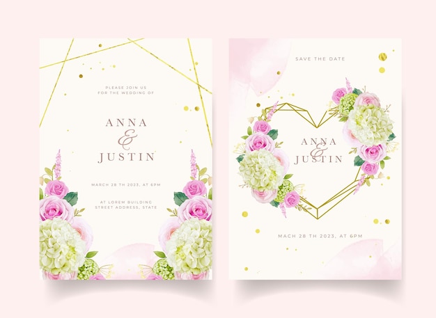 Wedding invitation with watercolor pink roses and hydrangea