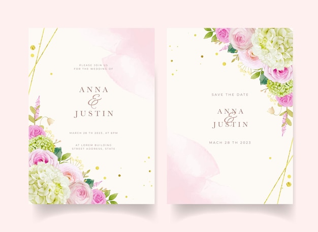 Wedding invitation with watercolor pink roses and hydrangea