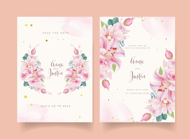 Wedding invitation with watercolor pink roses lily and dahlia