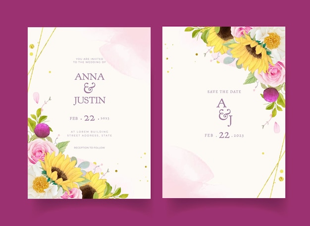 Wedding invitation with watercolor pink roses and sunflower