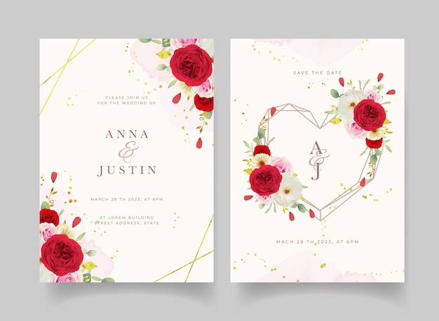 Wedding invitation with watercolor pink white and red roses