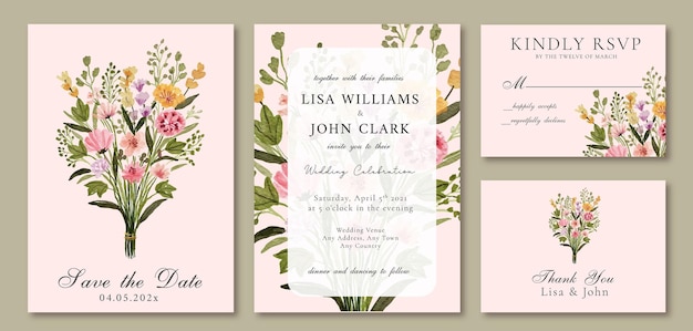 Wedding Invitation with Watercolor Pink Wildflower Bouquet for Spring