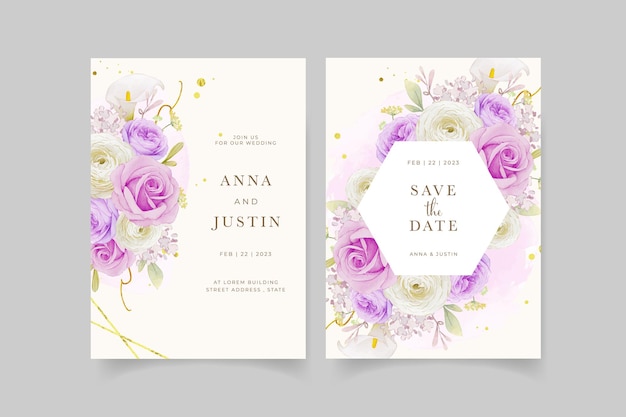 Wedding invitation with watercolor purple rose  lily  and ranunculus flower