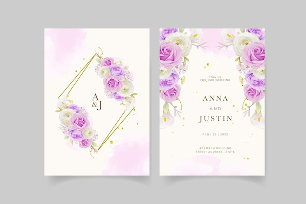 Wedding invitation with watercolor purple rose  lily  and ranunculus flower