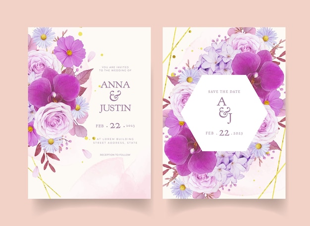 Wedding invitation with watercolor purple rose and orchid