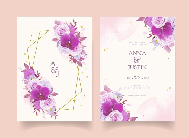 Wedding invitation with watercolor purple rose and orchid