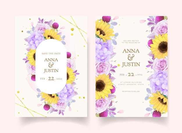 Wedding invitation with watercolor purple rose and sunflower