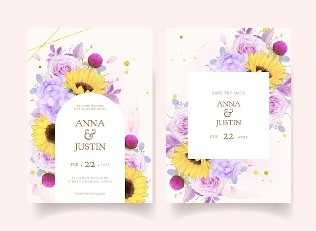 Wedding invitation with watercolor purple rose and sunflower