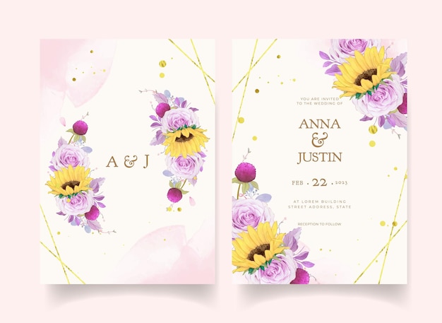 Wedding invitation with watercolor purple rose and sunflower