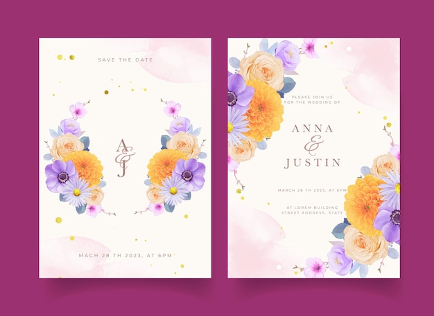 Wedding invitation with watercolor purple and yellow flowers