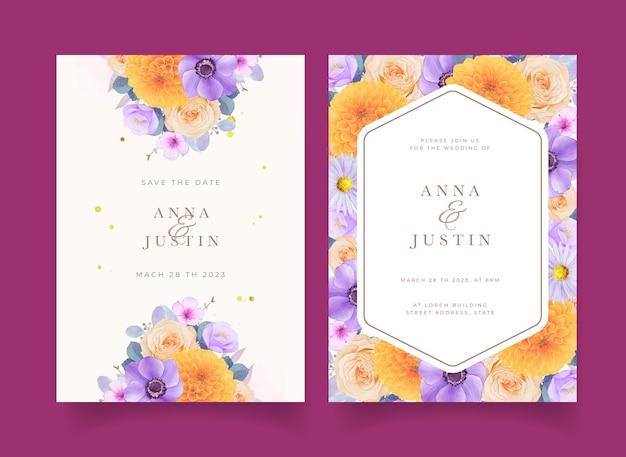 Wedding invitation with watercolor purple and yellow flowers