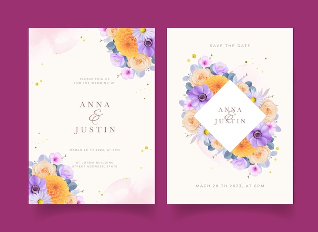 Wedding invitation with watercolor purple and yellow flowers