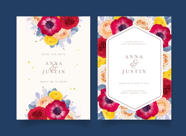 Wedding invitation with watercolor red rose anemone and ranunculus flower