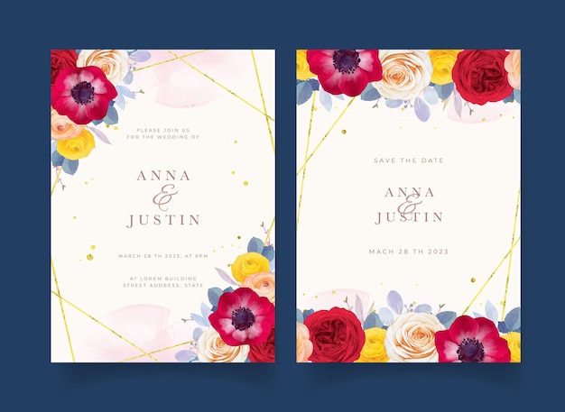 Wedding invitation with watercolor red rose anemone and ranunculus flower