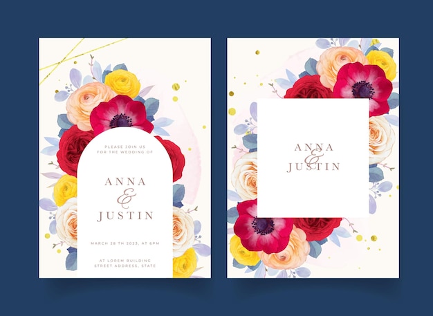 Wedding invitation with watercolor red rose anemone and ranunculus flower