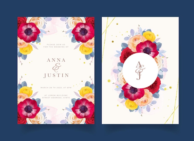 Wedding invitation with watercolor red rose anemone and ranunculus flower