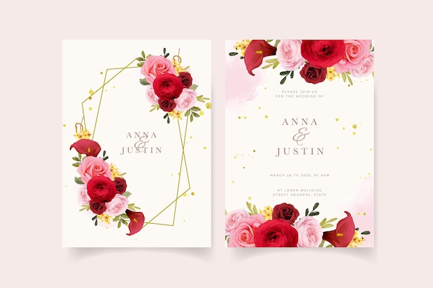 Wedding invitation with watercolor red rose  lily  and ranunculus flower