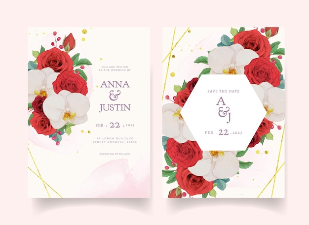 Wedding invitation with watercolor red roses and orchid