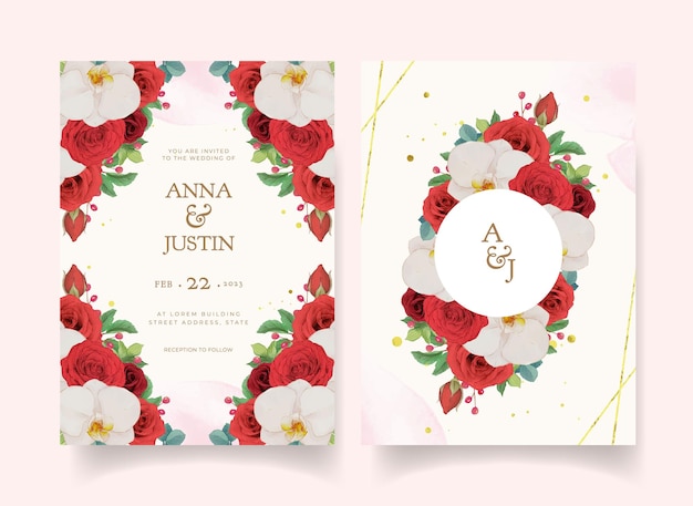 Wedding invitation with watercolor red roses and orchid