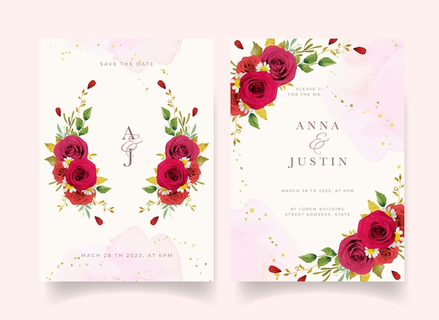 Wedding invitation with watercolor red roses