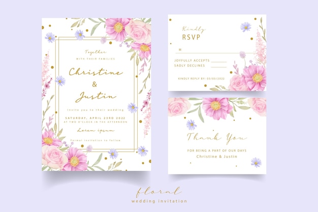 Wedding invitation with watercolor roses and anemone flowers