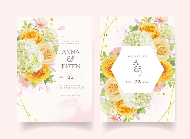 Wedding invitation with watercolor roses and hydrangea