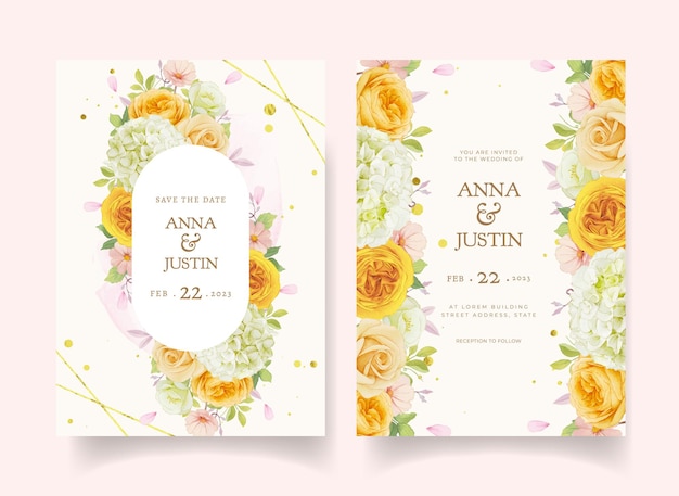 Wedding invitation with watercolor roses and hydrangea