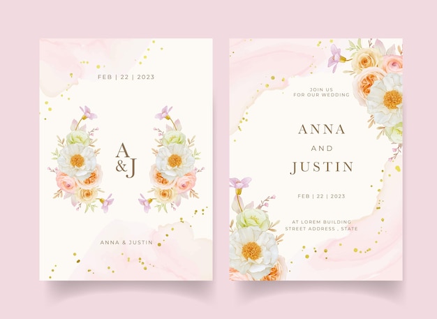 Wedding invitation with watercolor roses peony and ranunculus flower