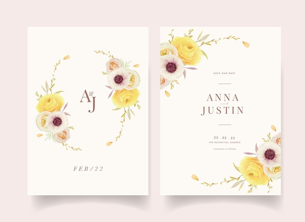 Wedding invitation with watercolor roses ranunculus and anemone flowers