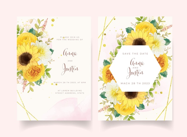 Wedding invitation with watercolor yellow flowers