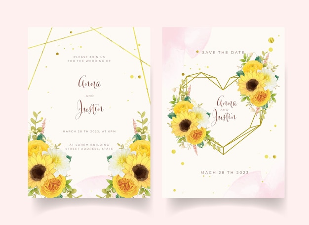 Wedding invitation with watercolor yellow flowers