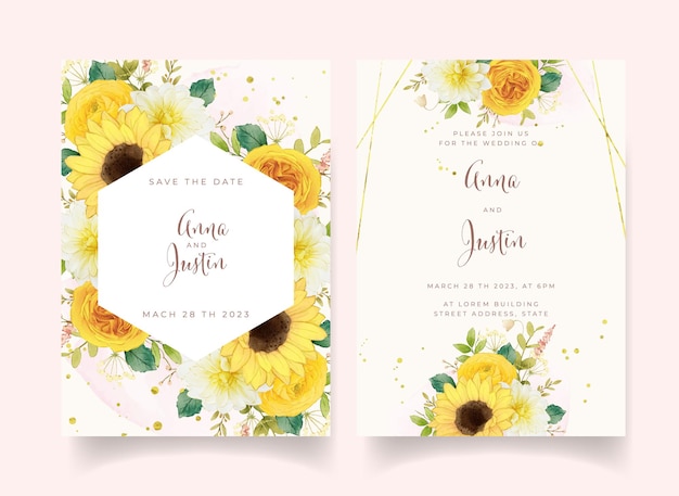 Wedding invitation with watercolor yellow flowers