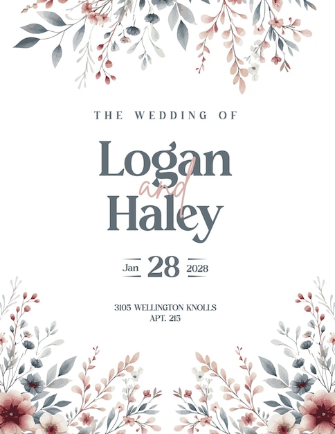 Wedding invitations card with watercolor floral branches