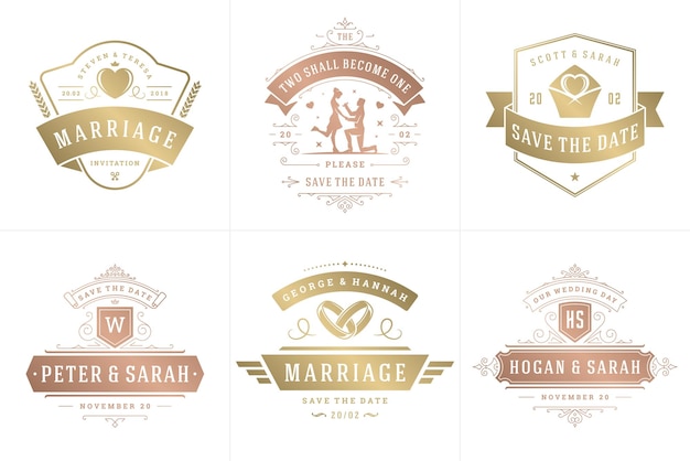 Wedding invitations save the date logos and badges vector elegant templates set