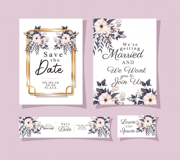 Wedding invitations set with gold ornament frames and white flowers with leaves