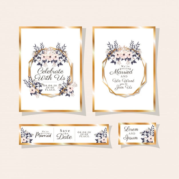 Wedding invitations set with gold ornament frames and white flowers with leaves