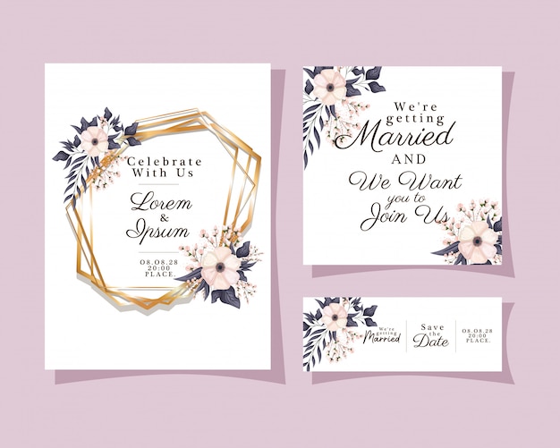 Wedding invitations set with gold ornament frames and white flowers with leaves