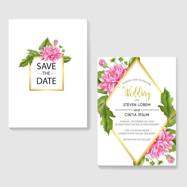 Wedding invitations with pink dahlia watercolor background