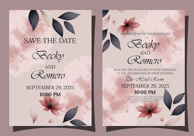 Vector wedding invitations with red stunning watercolor floral template