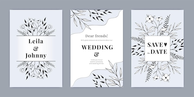 Vector wedding invite card nature flowers posters white and black wreath vintage summer stylish frame spring leaf vertical banners elegant nature collection vector design template