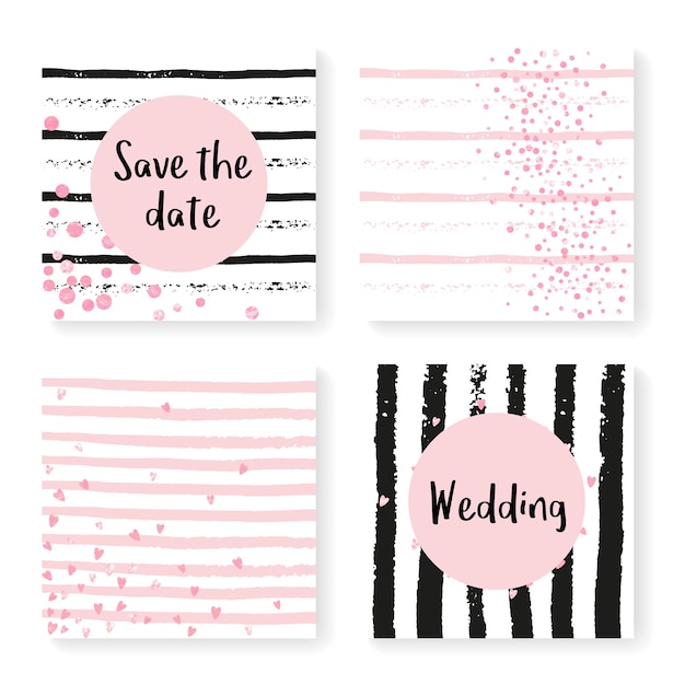 Wedding invite set with glitter confetti and stripes Pink hearts and dots on black and pink background Template with wedding invite set for party event bridal shower save the date card