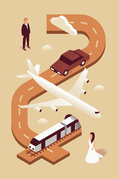 Wedding,  isometric illustration, set, brown background, invitation: man, car, plane, train, woman, road, cloud