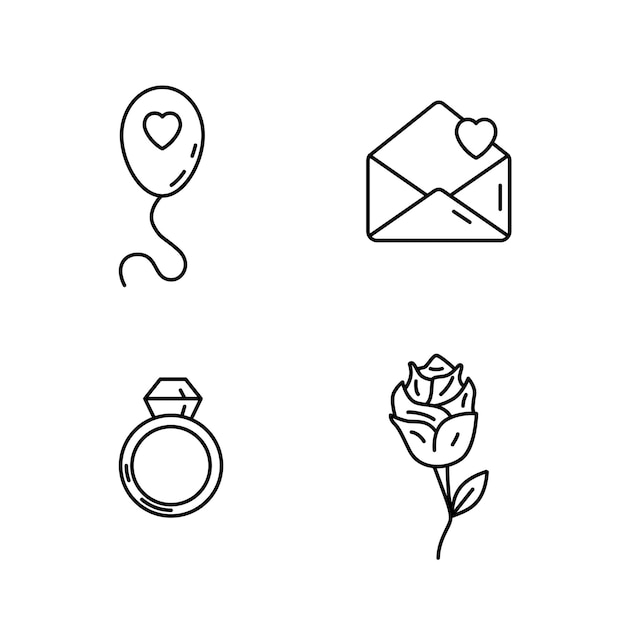 wedding line collection icon, wedding sign icon design including cake, bride love and invitation