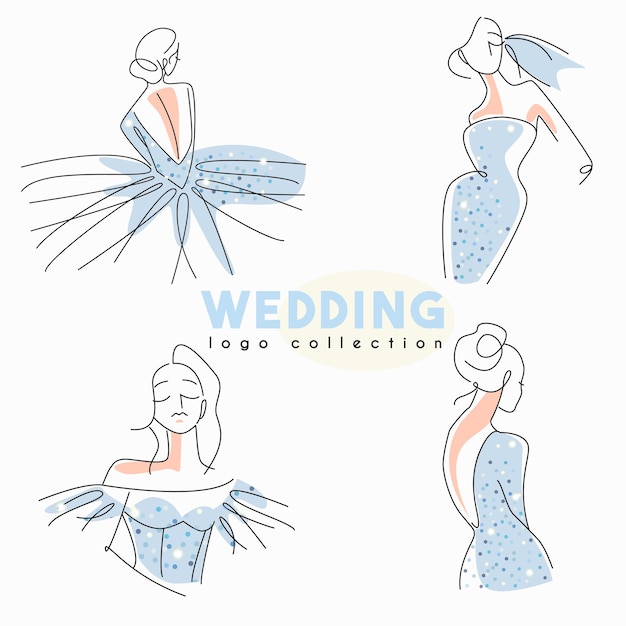 Wedding logo collection with line art bride in sparkling dress