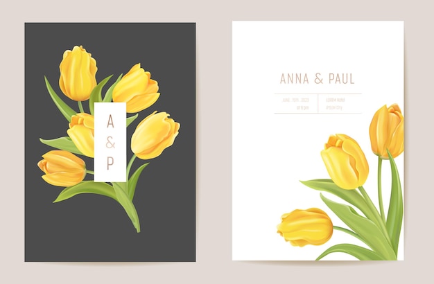 Wedding modern tulip flower Save the Date set. Vector minimal spring floral invitation card. Realistic template frame, foliage cover, summer background, trendy design, luxury brochure