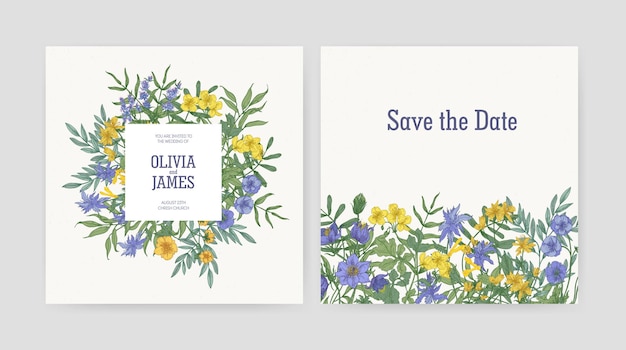 Wedding party invitation and Save The Date card templates decorated with beautiful yellow and purple blooming wild flowers and flowering herbs on white background.