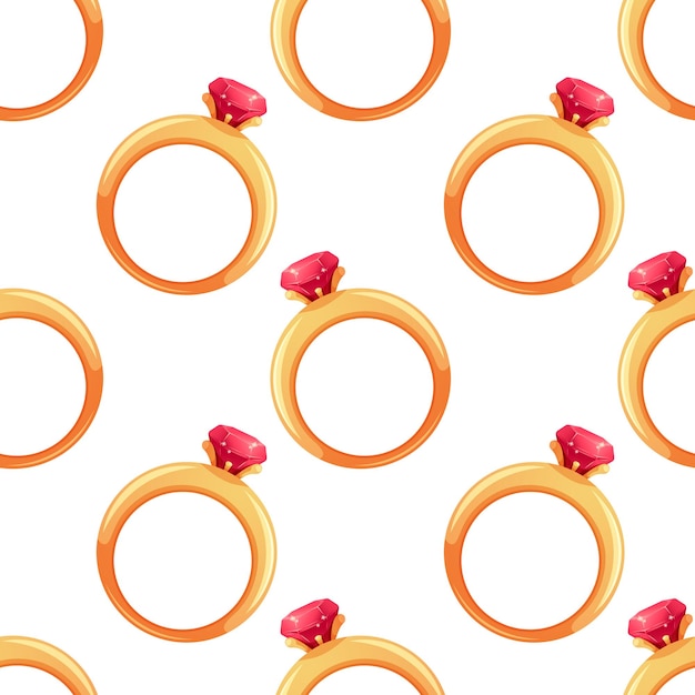 Wedding pattern with cartoon engagement ring and ruby gemstone on white background